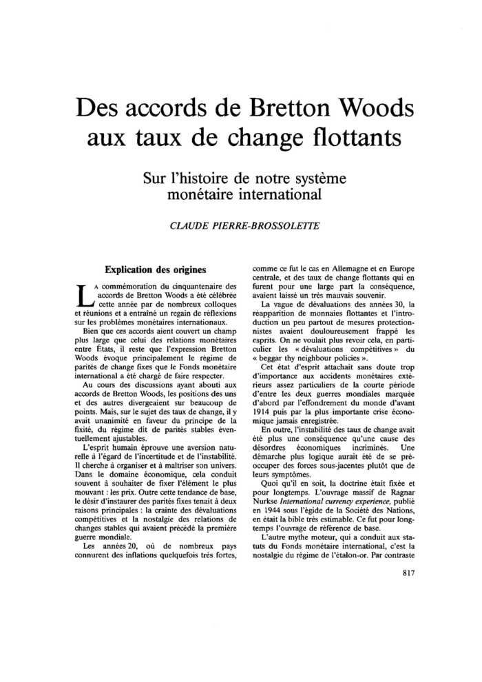 Des accords de Bretton Woods aux taux de change flottants. Sur l’histoire de notre système monétaire international
 – page 1