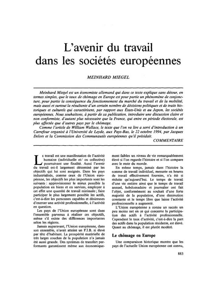 L’avenir du travail dans les sociétés européennes
 – page 1