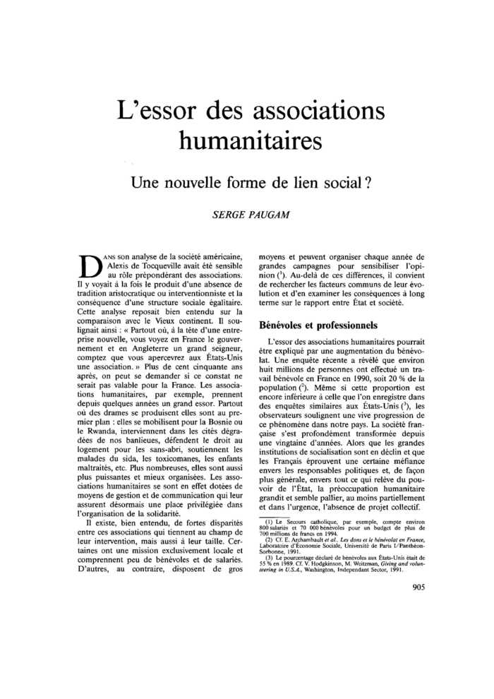 L’essor des associations humanitaires. Une nouvelle forme de lien social ?
 – page 1