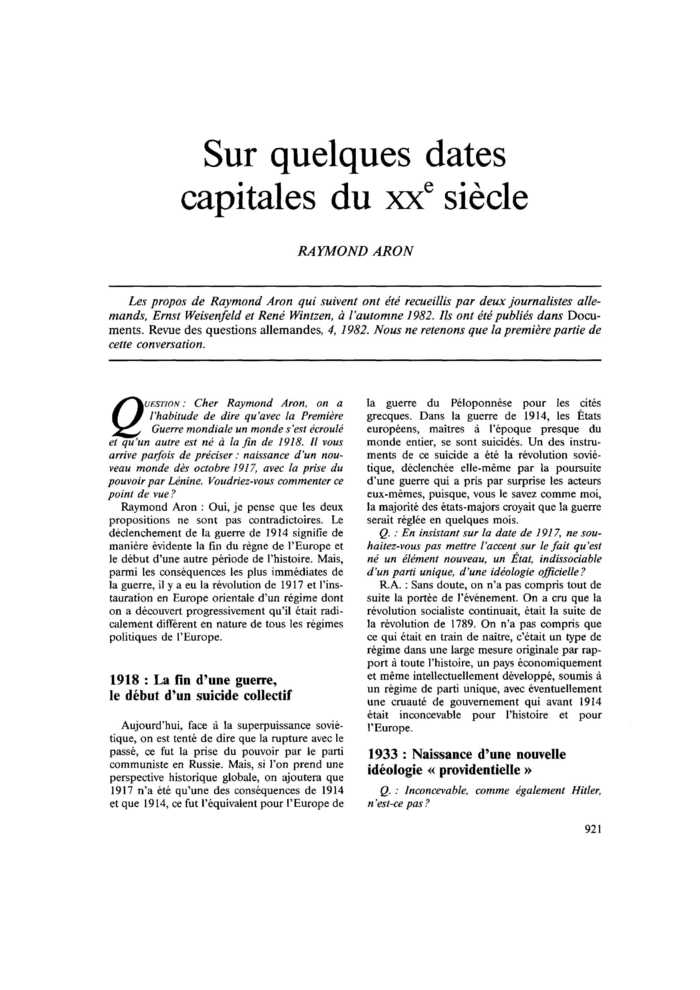 Sur quelques dates capitales du XXe siècle
 – page 1