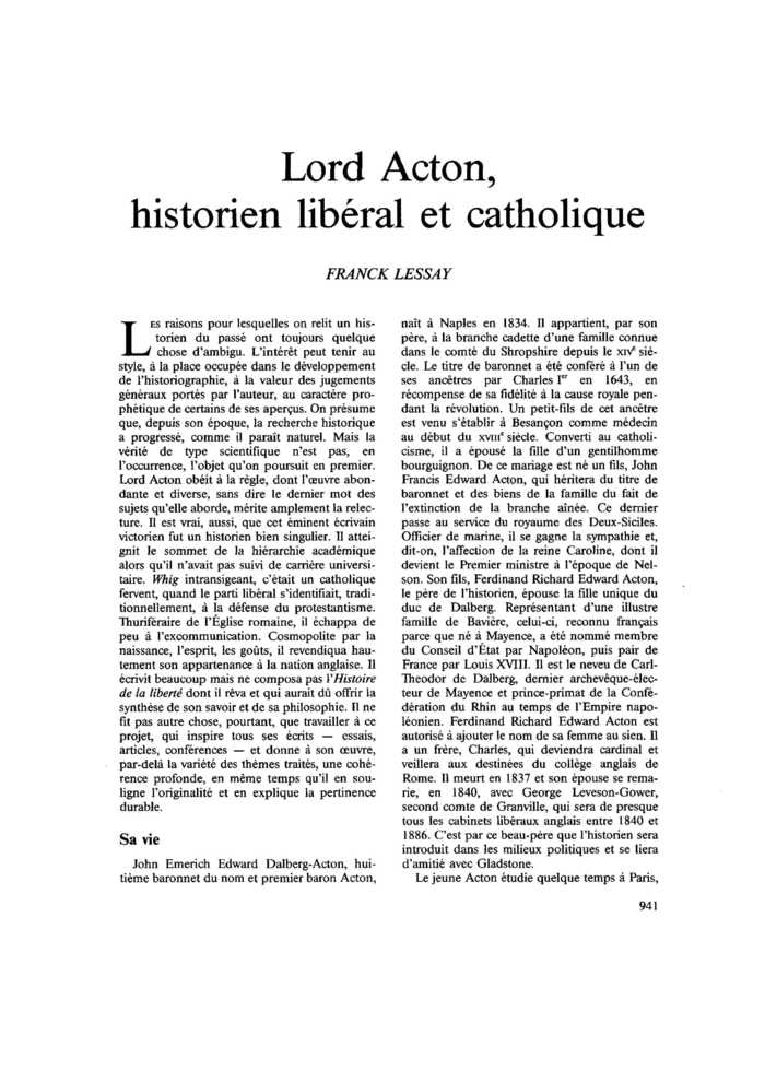 Lord Acton, historien libéral et catholique
 – page 1
