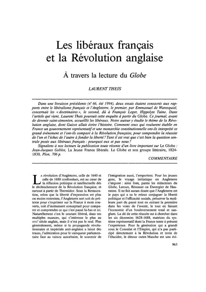Les libéraux français et la Révolution anglaise
 – page 1