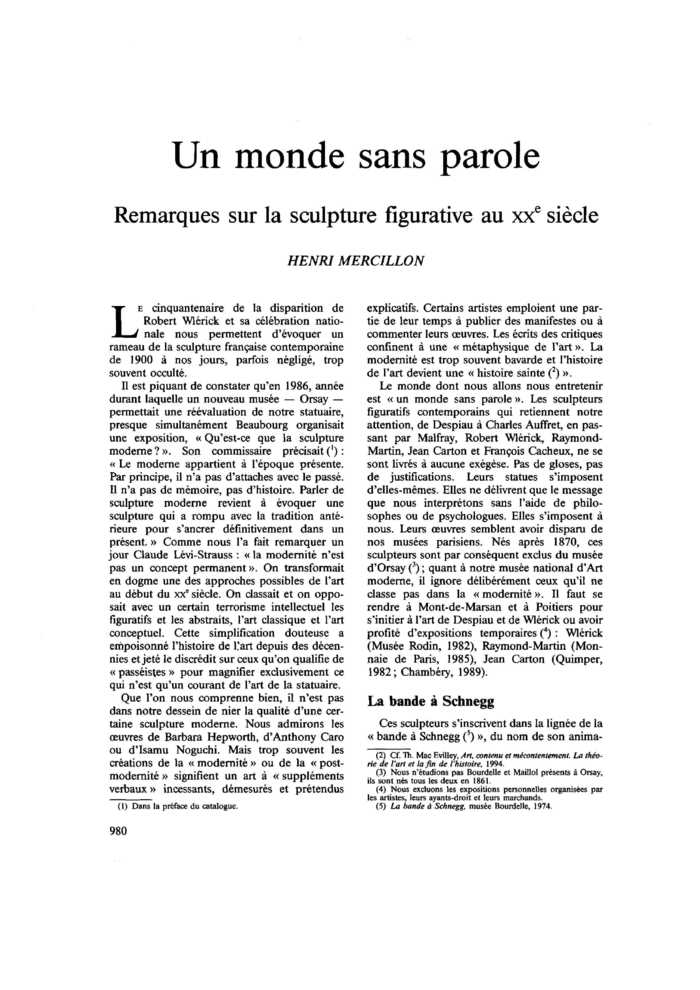 Un monde sans parole. Remarques sur la sculpture figurative au XXe siècle
 – page 1