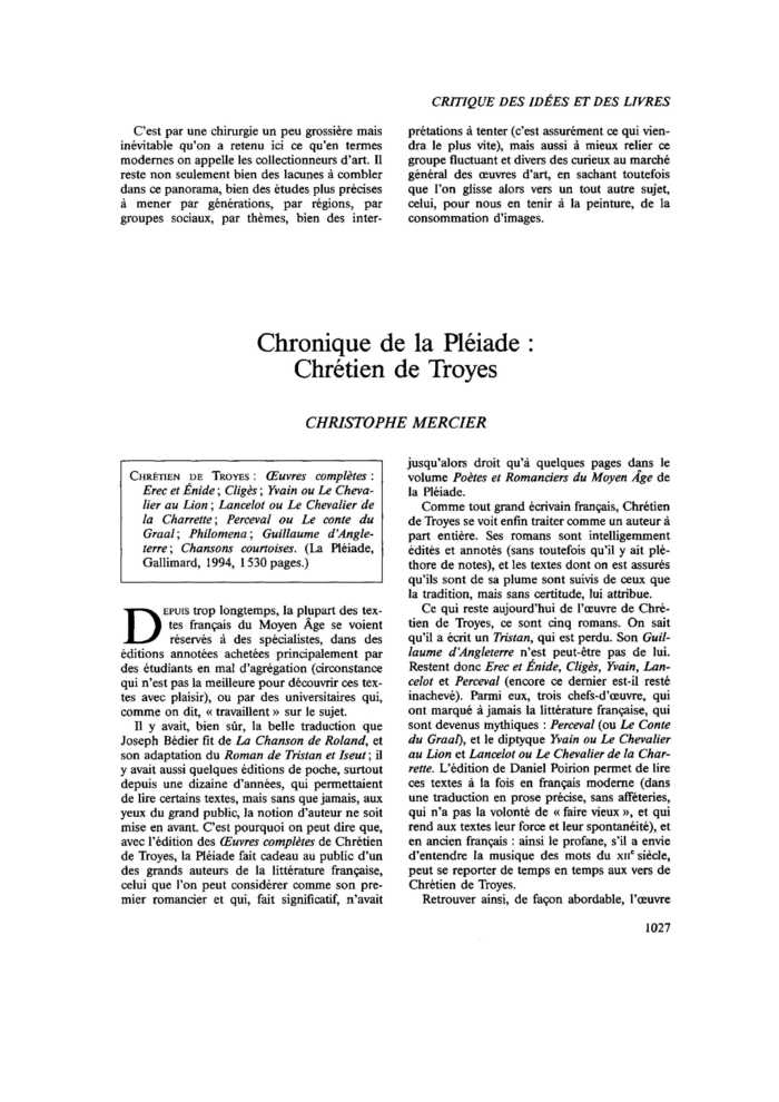 Chronique de la Pléiade : Chrétien de Troyes
 – page 1