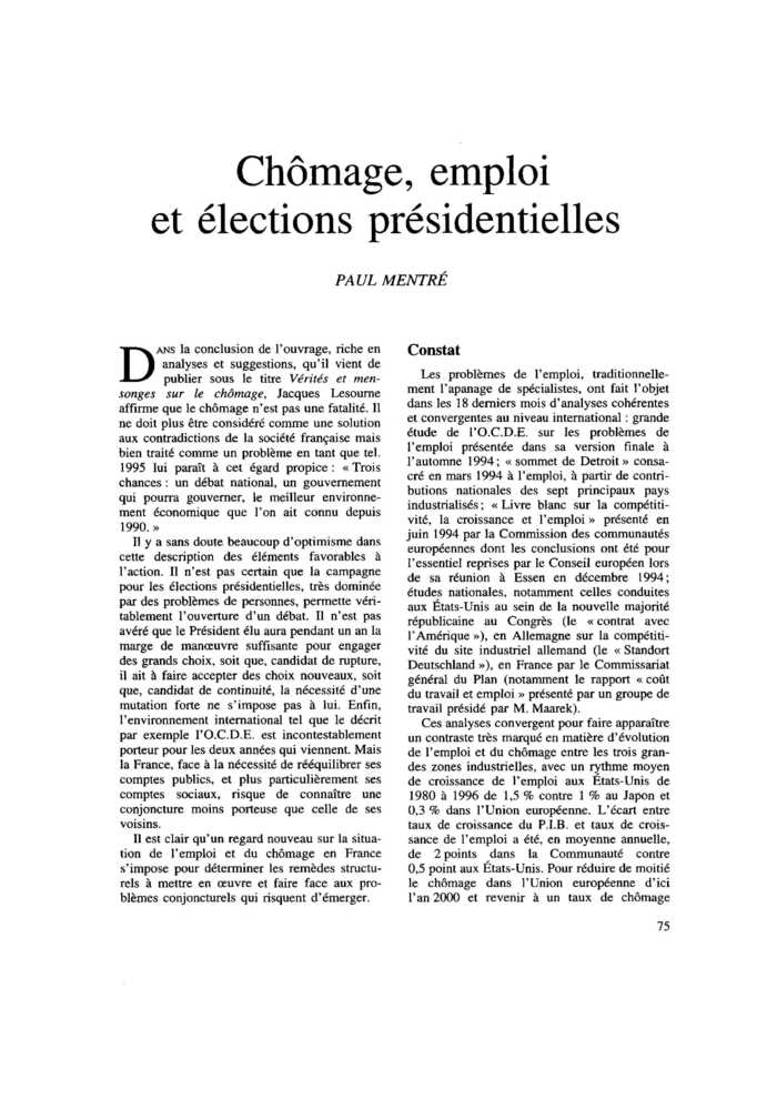 Chômage, emploi et élections présidentielles
 – page 1