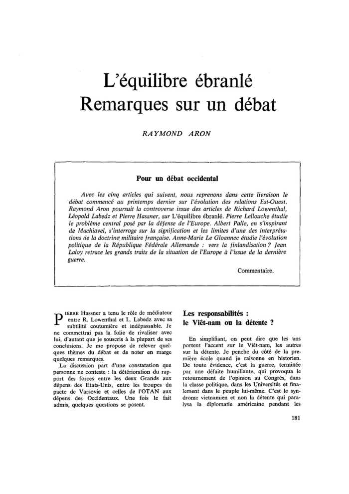 L’équilibre ébranlé. Remarques sur un débat
 – page 1