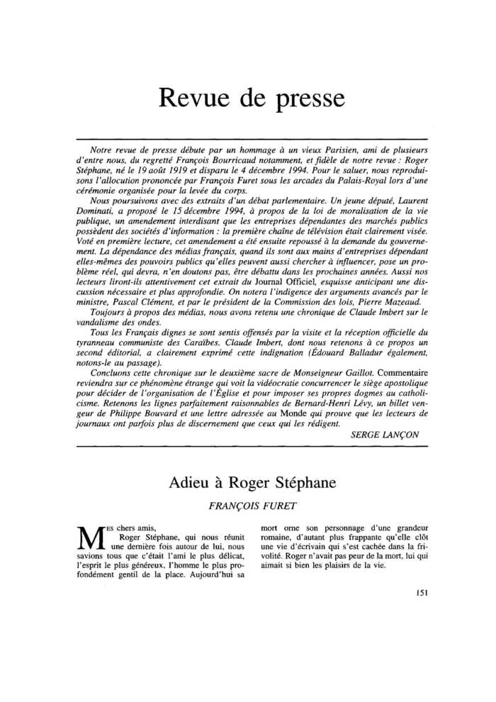 Adieu à Roger Stéphane
 – page 1
