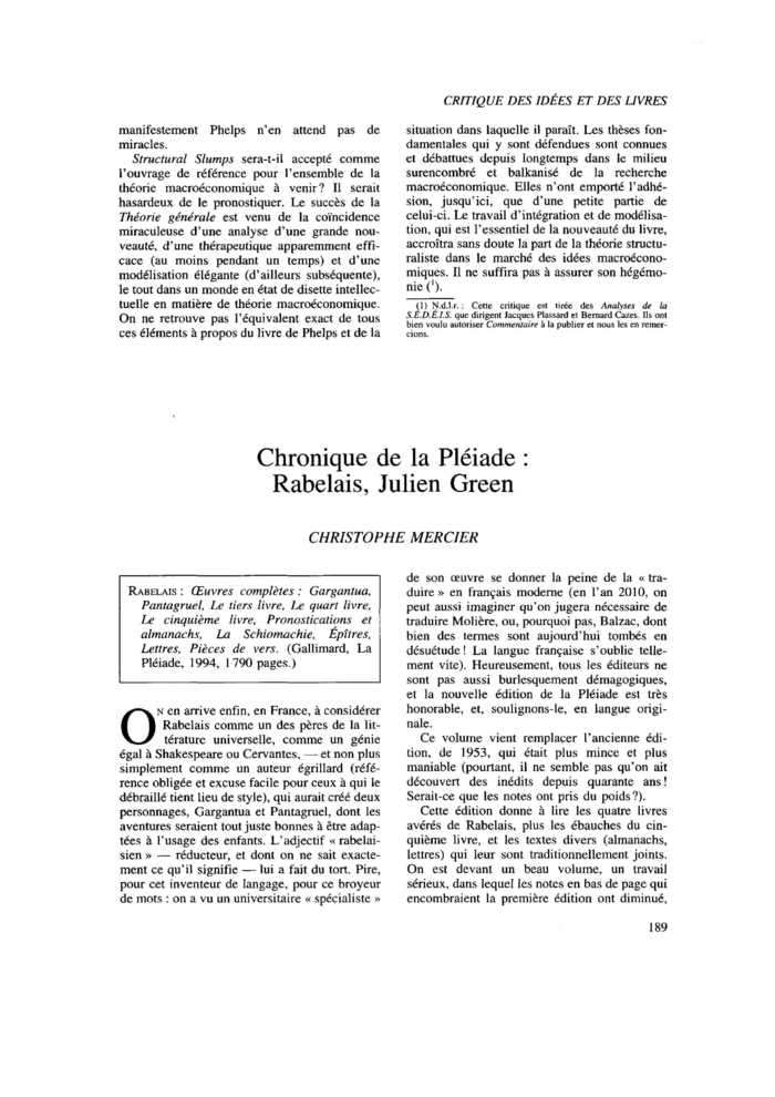 Chronique de la Pléiade : Rabelais, Julien Green
 – page 1