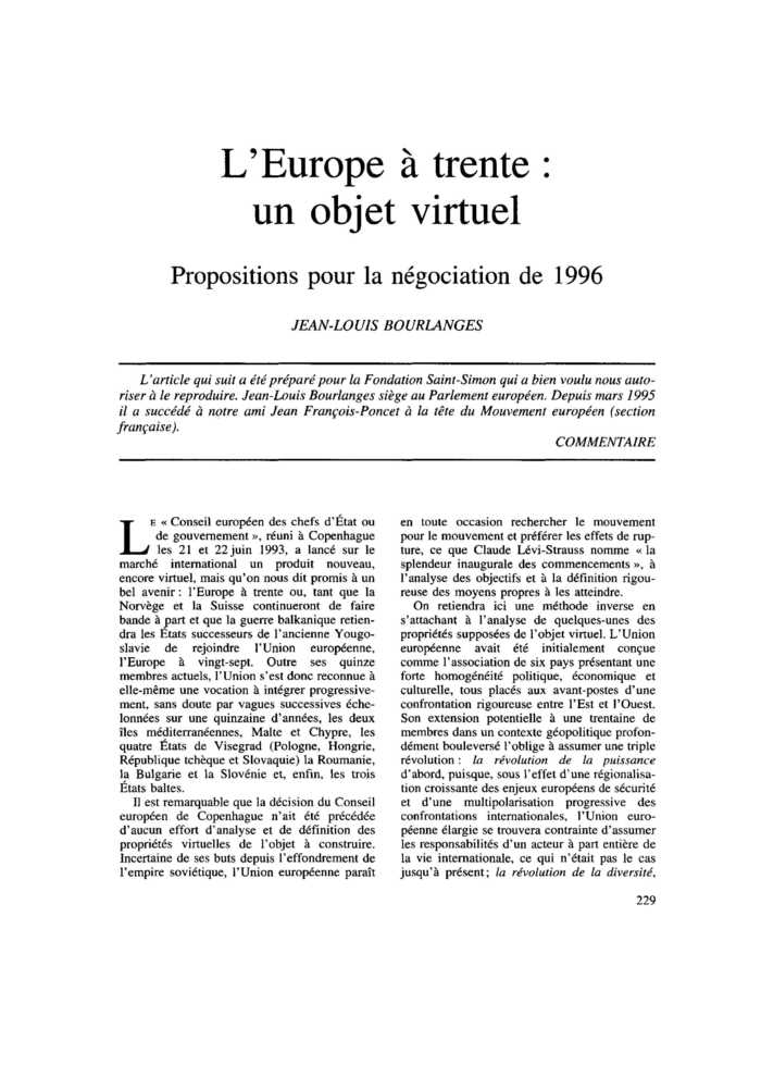 L’Europe à trente : un objet virtuel. Propositions pour la négociation de 1996
 – page 1