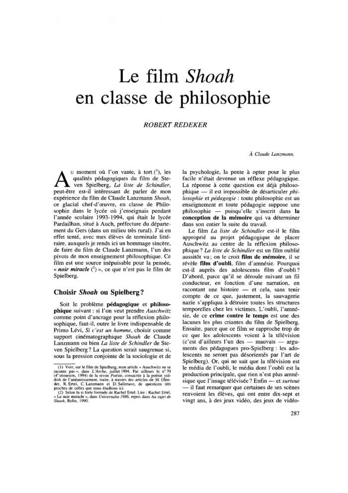 Le film <i>Shoah</i> en classe de philosophie
 – page 1