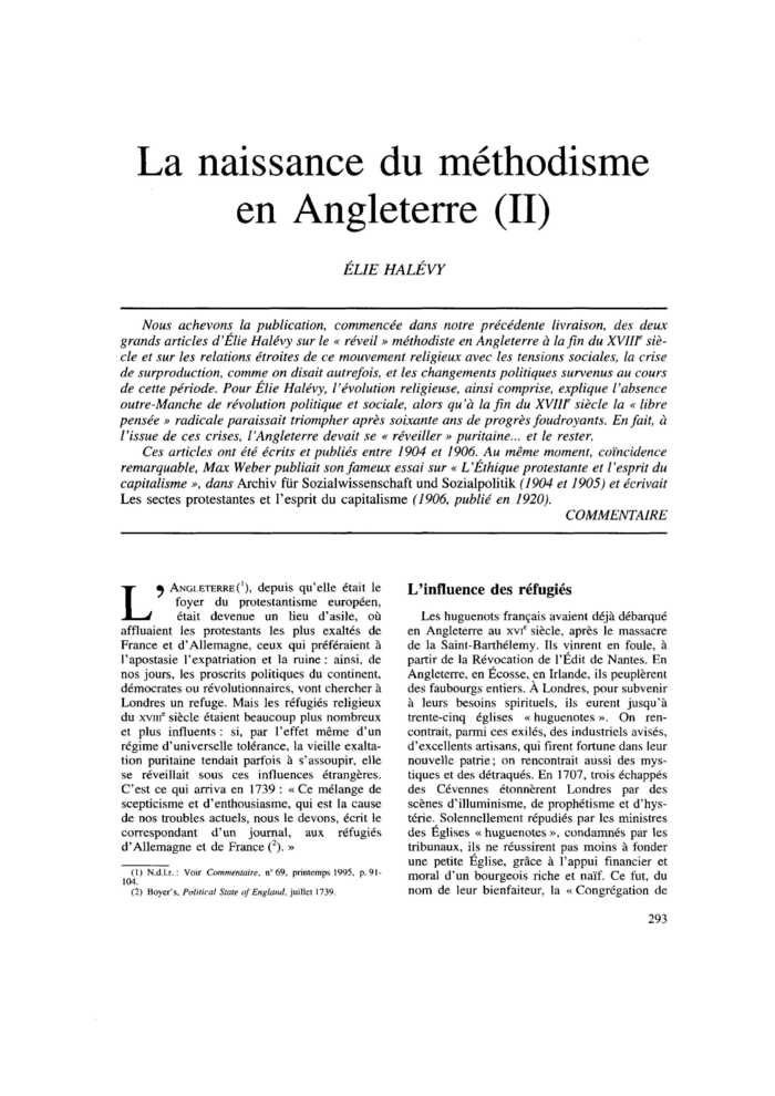 La naissance du méthodisme en Angleterre (II)
 – page 1