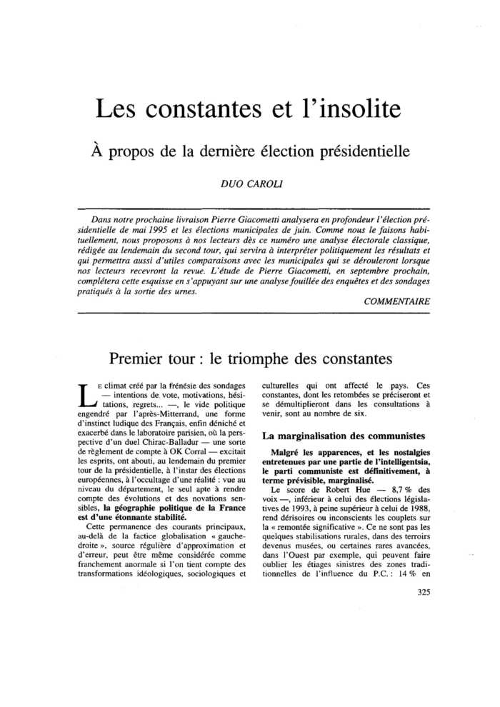 Les constantes et l’insolite. À propos de la dernière élection présidentielle
 – page 1