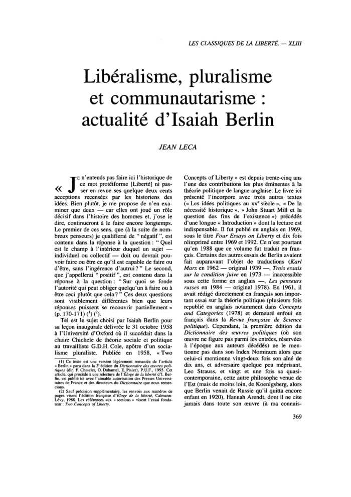 Libéralisme, pluralisme et communautarisme : actualité d’Isaiah Berlin
 – page 1