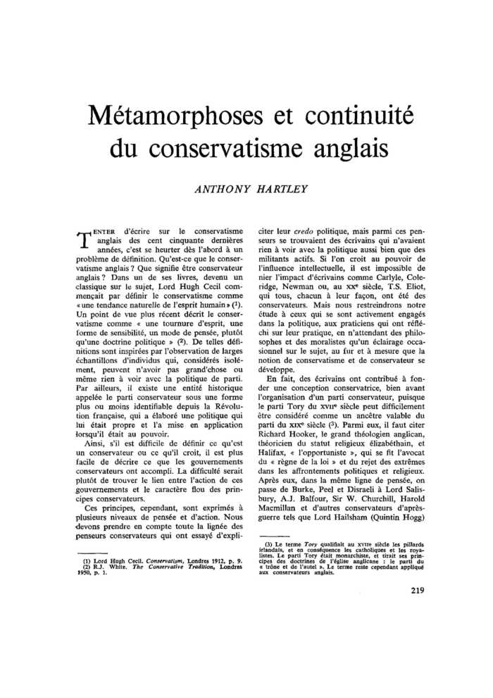 Métamorphoses et continuité du conservatisme anglais
 – page 1