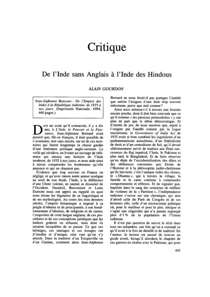 De l’Inde sans Anglais à l’Inde des Hindous
 – page 1