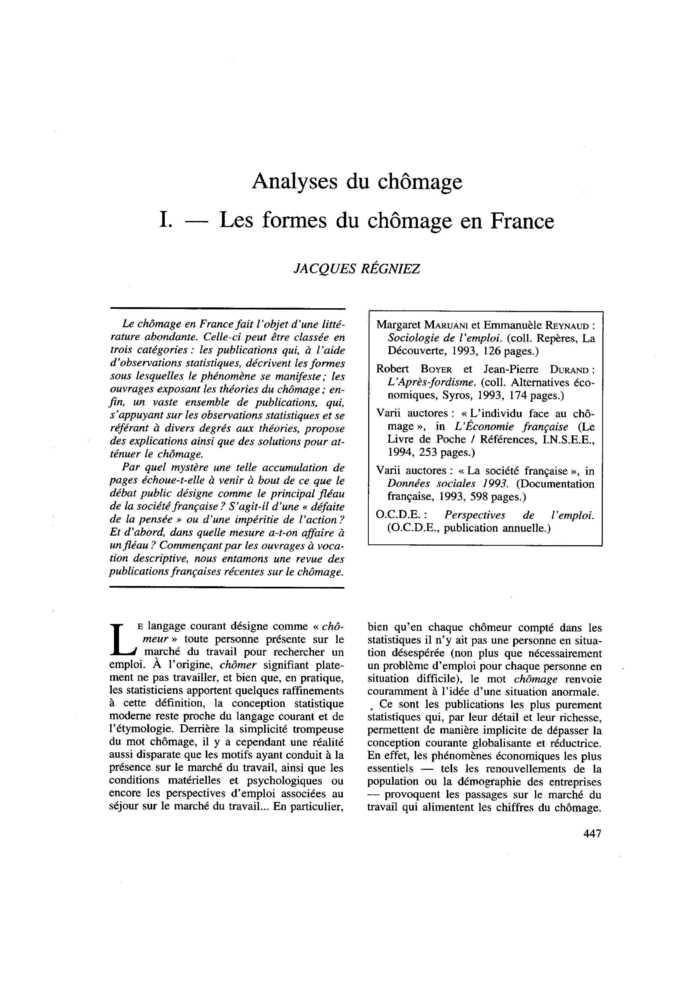 Analyses du chômage. I. Les formes du chômage en France
 – page 1