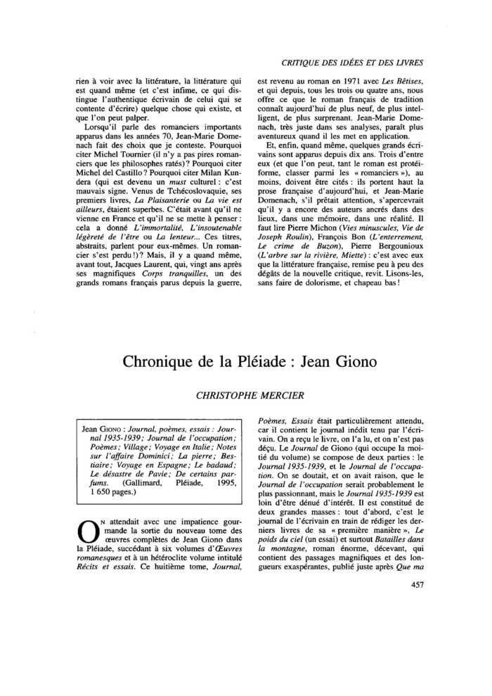 Chronique de la Pléiade : Jean Giono
 – page 1