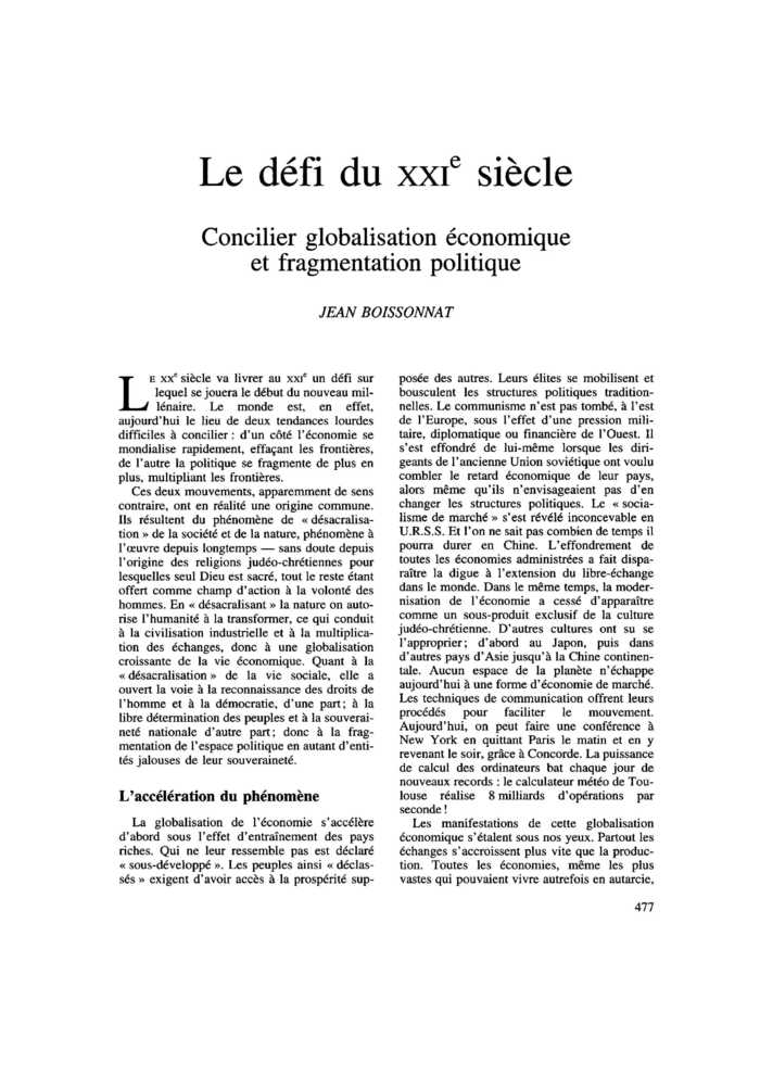Le défi du XXIe siècle. Concilier globalisation économique et fragmentation politique
 – page 1