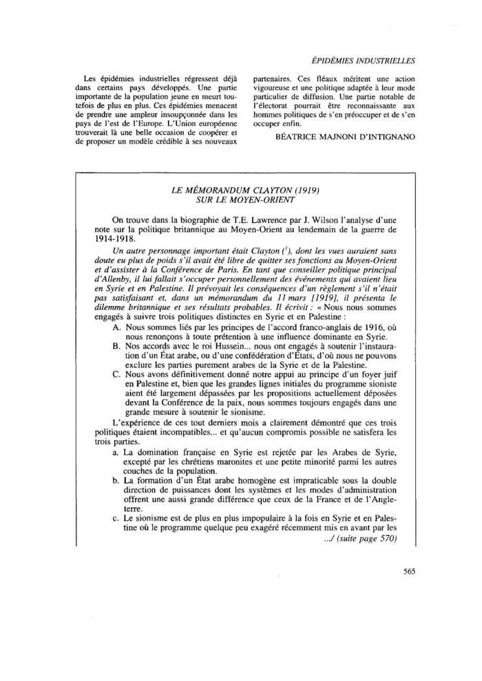 LE MEMORANDUM CLAYTON (1919). SUR LE MOYEN-ORIENT
 – page 1