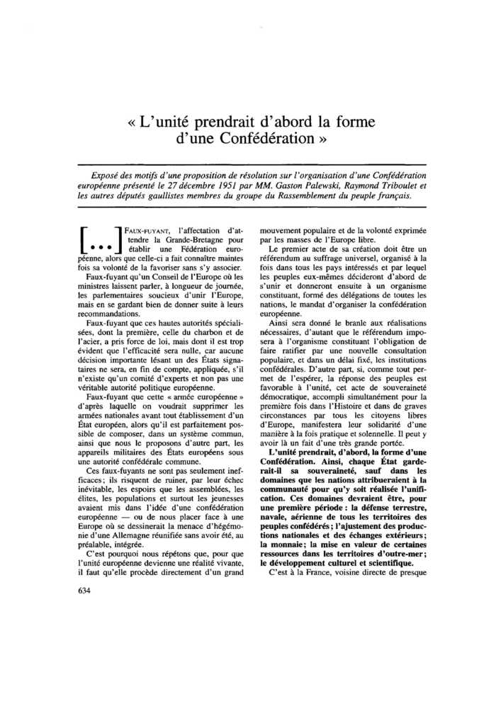 « L’unité prendrait d’abord la forme d’une Confédération »
 – page 1