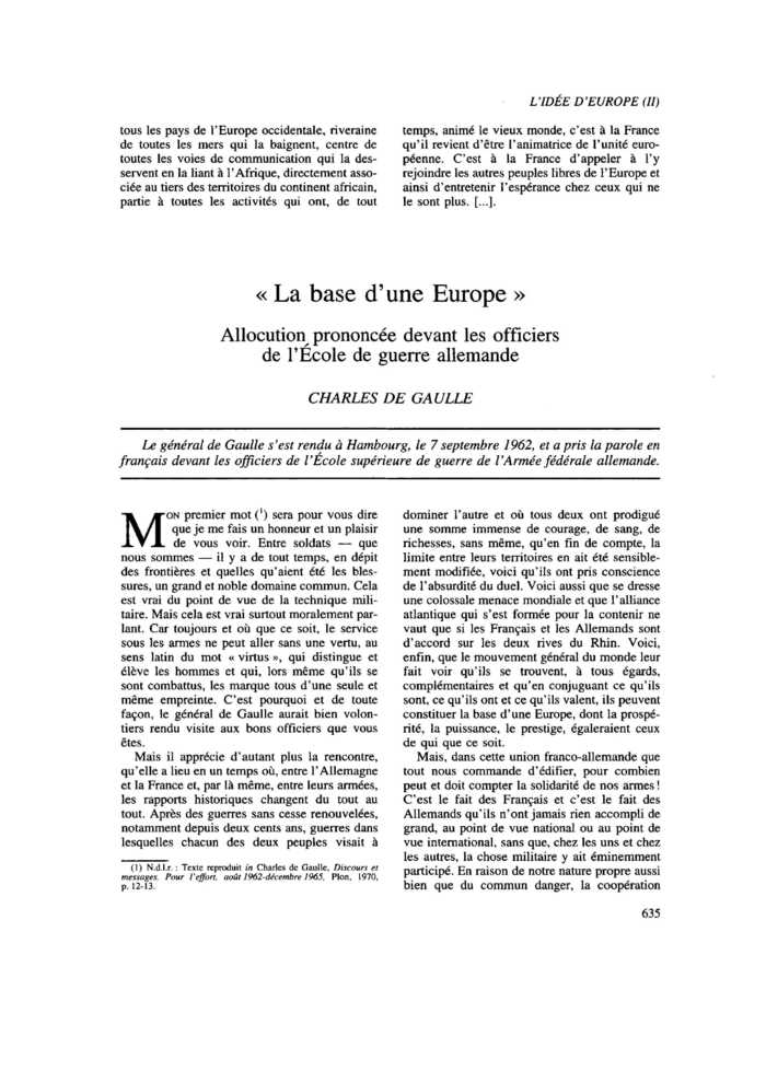 « La base d’une Europe ». Allocution prononcée devant les officiers de l’École de guerre allemande
 – page 1