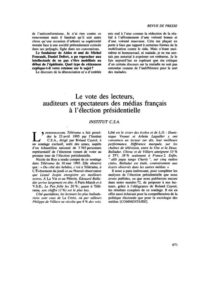 Le vote des lecteurs, auditeurs et spectateurs des médias français à l’élection présidentielle
 – page 1