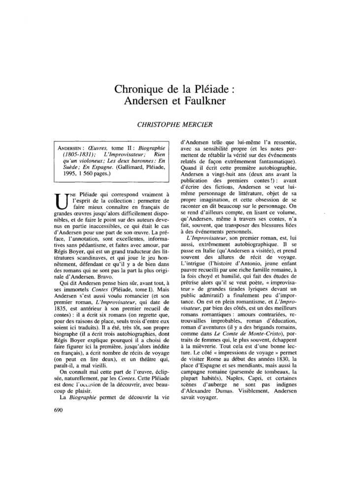 Chronique de la Pléiade : Andersen et Faulkner
 – page 1