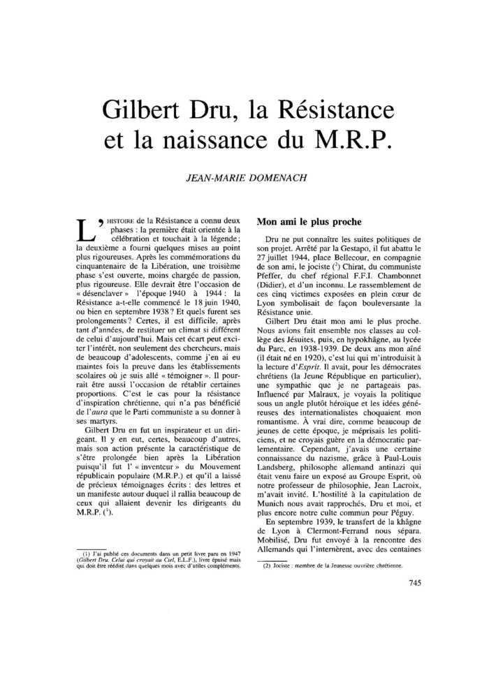 Gilbert Dru, la Résistance et la naissance du M.R.P.
 – page 1
