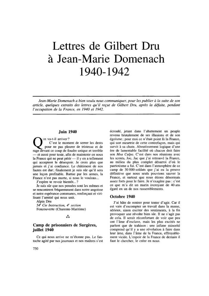 Lettres de Gilbert Dru à Jean-Marie Domenach 1940-1942
 – page 1