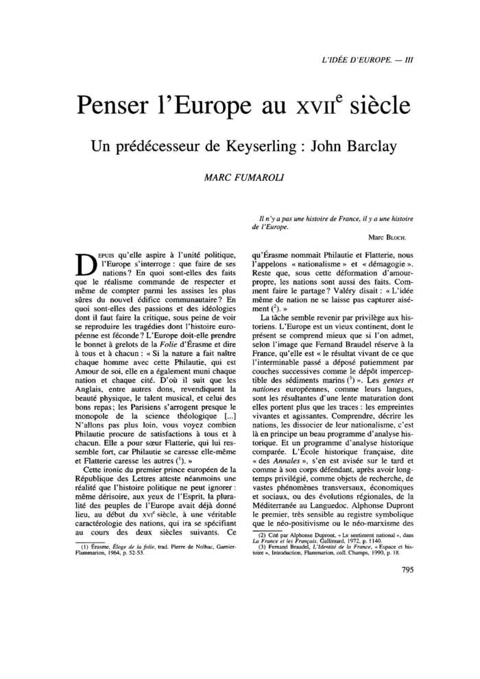Penser l’Europe au XVIIe siècle. Un prédécesseur de Keyserling : John Barclay
 – page 1