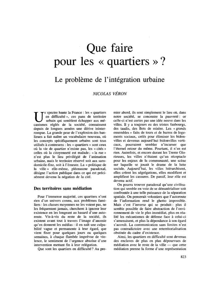 Que faire pour les « quartiers » ? Le problème de l’intégration urbaine
 – page 1