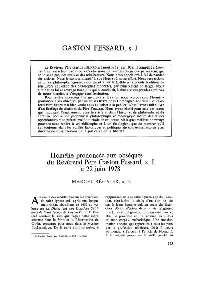 Homélie prononcée aux obsèques du Révérend Père Gaston Fessard, s. J. le 22 juin 1978
 – page 1