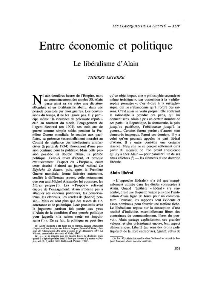 Entre économie et politique. Le libéralisme d’Alain
 – page 1