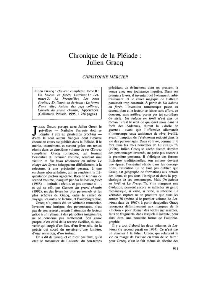 Chronique de la Pléiade : Julien Gracq
 – page 1