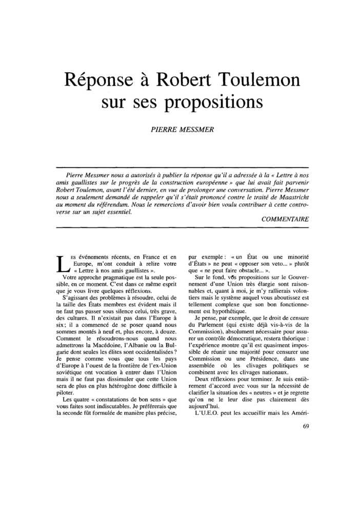 Réponse à Robert Toulemon sur ses propositions
 – page 1