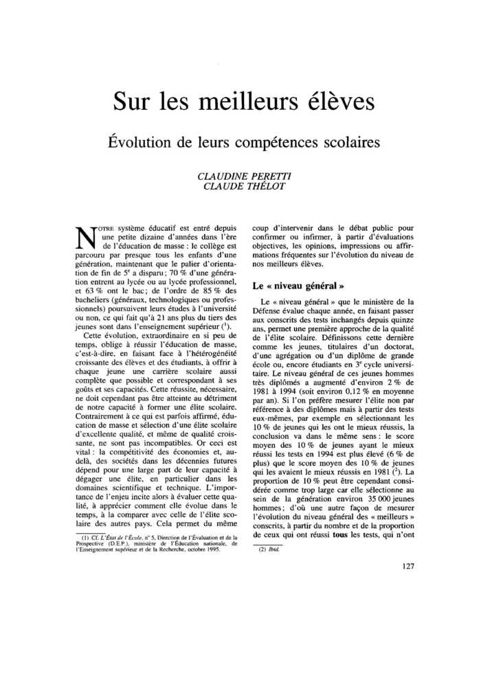 Sur les meilleurs élèves. Évolution de leurs compétences scolaires
 – page 1