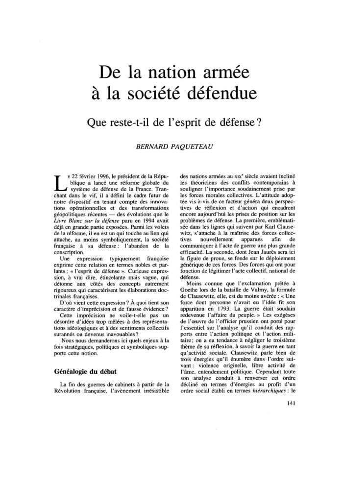 De la nation armée à la société défendue. Que reste-t-il de l’esprit de défense ?
 – page 1
