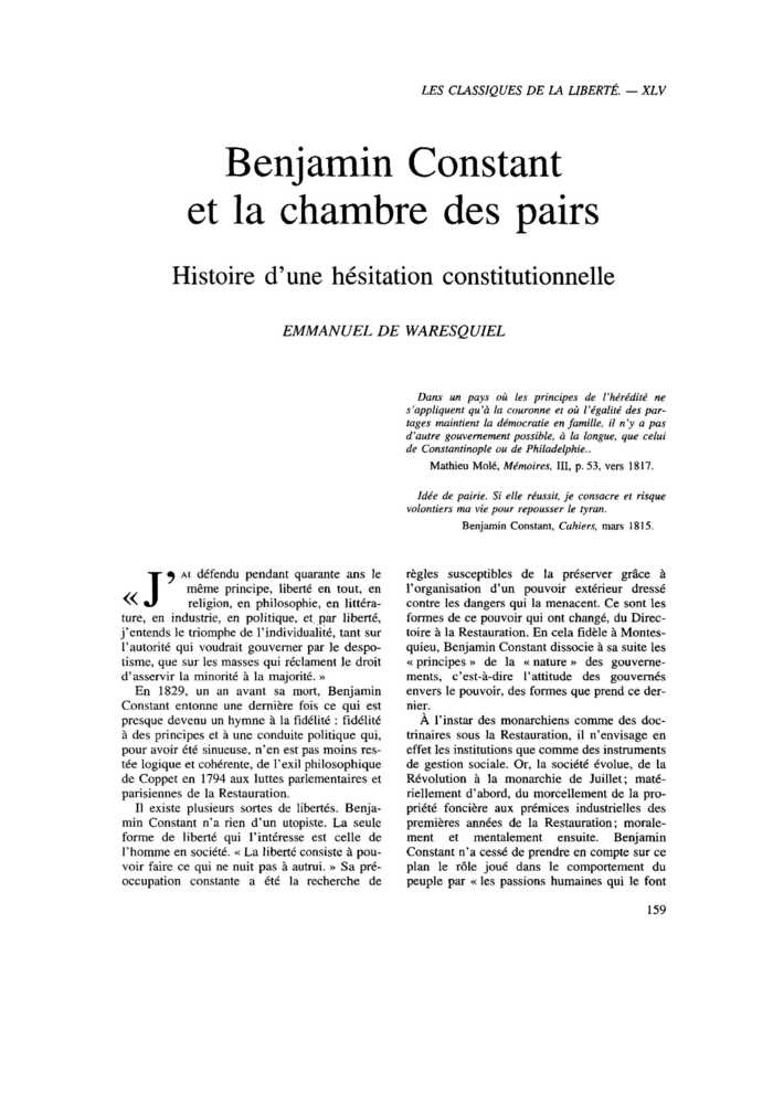 Benjamin Constant et la chambre des pairs. Histoire d’une hésitation constitutionnelle
 – page 1