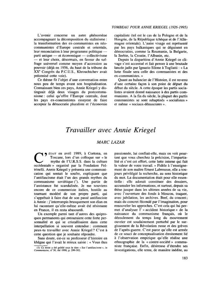 Travailler avec Annie Kriegel
 – page 1