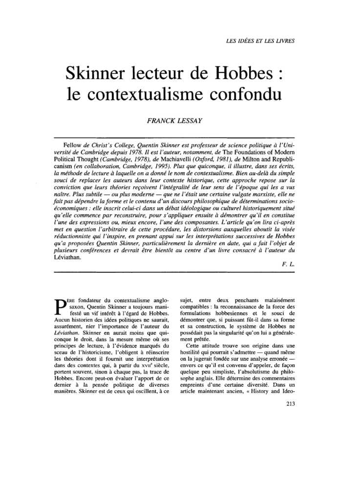 Skinner lecteur de Hobbes : le contextualisme confondu
 – page 1