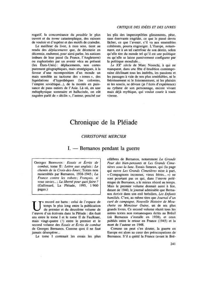 Chronique de la Pléiade. I. Bernanos pendant la guerre II. Tristan et Yseut
 – page 1