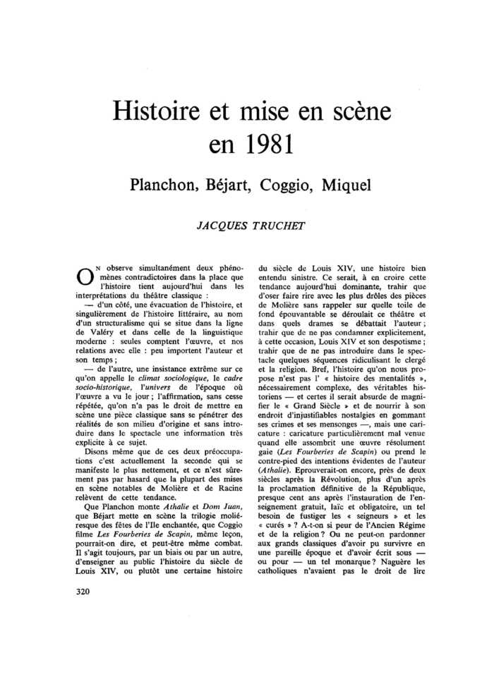 Histoire et mise en scène en 1981. Planchon, Béjart, Coggio, Miquel
 – page 1