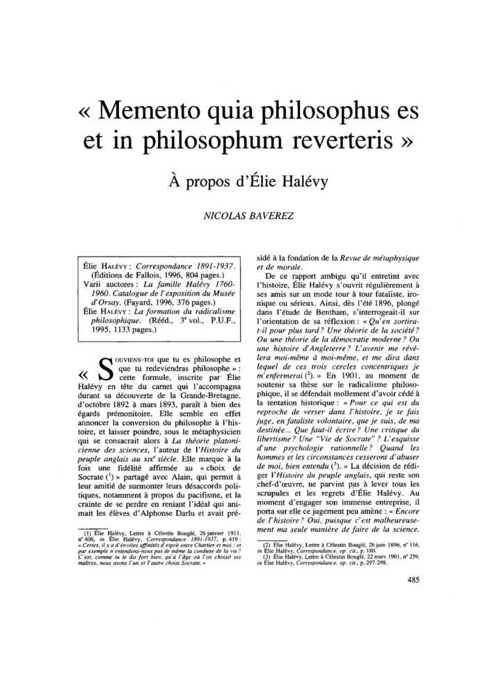 « Memento quia philosophus es et in philosophum reverteris ». À propos d’Élie Halévy
 – page 1