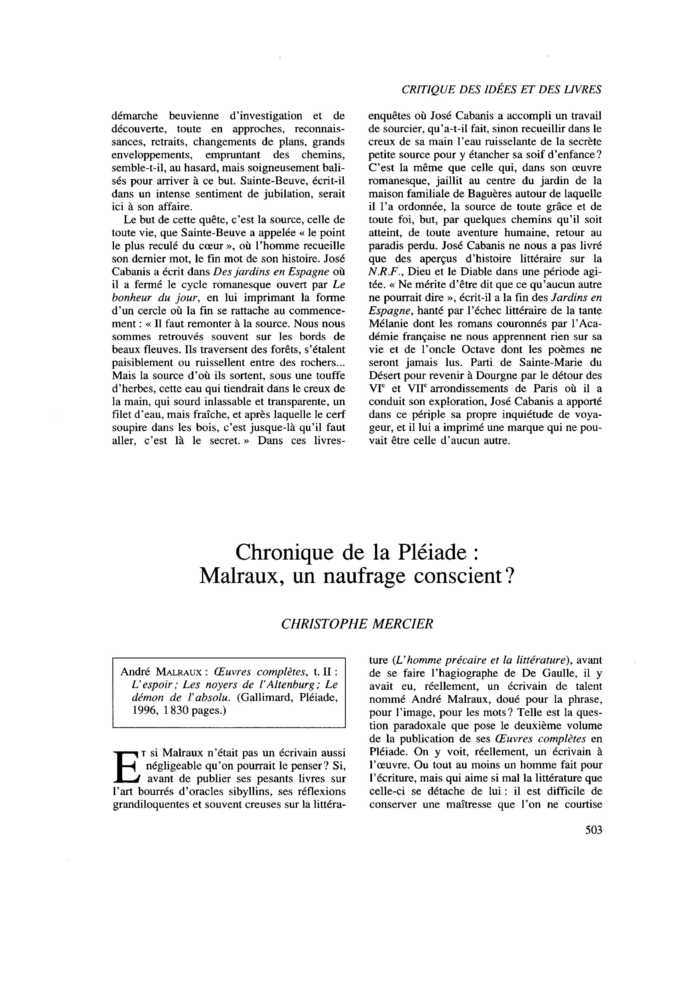 Chronique de la Pléiade : Malraux, un naufrage conscient ?
 – page 1