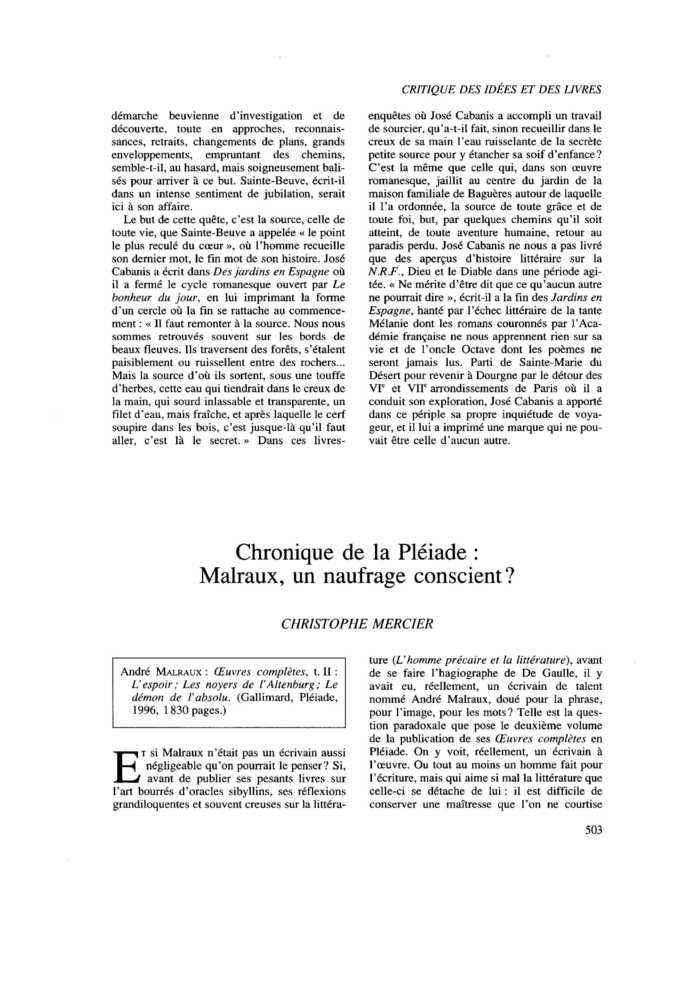 Chronique de la Pléiade : Malraux, un naufrage conscient ?
 – page 1