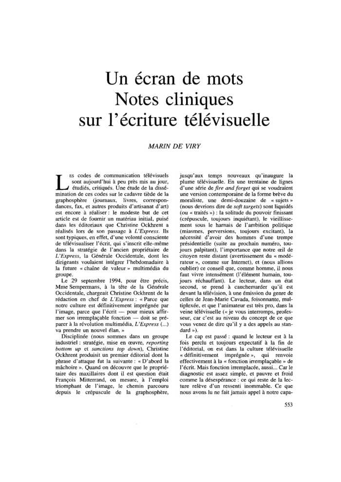 Un écran de mots. Notes cliniques sur l’écriture télévisuelle
 – page 1