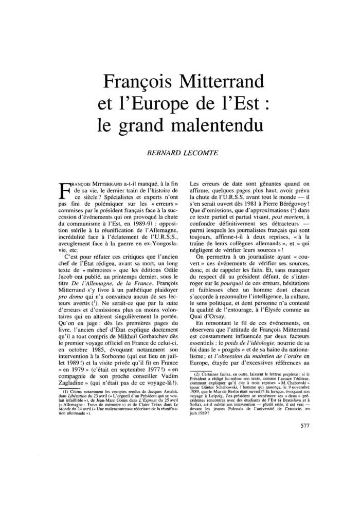 François Mitterrand et l’Europe de l’Est : le grand malentendu
 – page 1