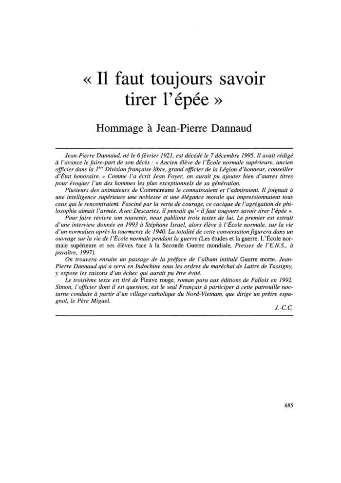 « Il faut toujours savoir tirer l’épée ». Hommage à Jean-Pierre Dannaud
 – page 1