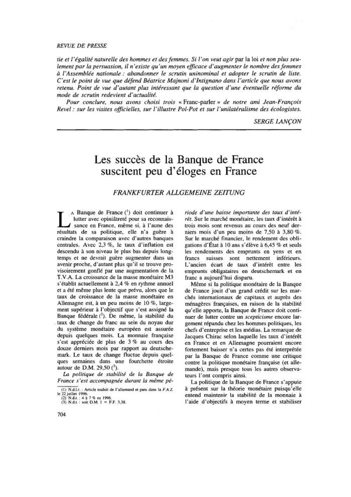 Les succès de la Banque de France suscitent peu d’éloges en France
 – page 1