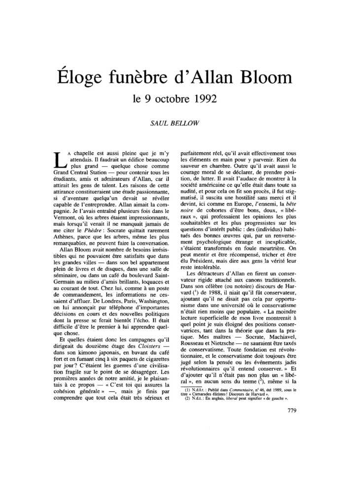 Éloge funèbre d’Allan Bloom le 9 octobre 1992
 – page 1